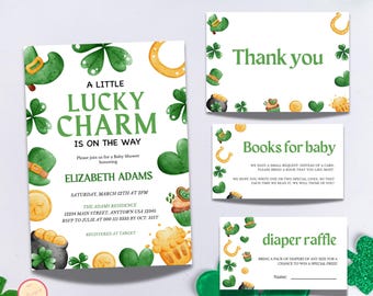 Editable St Patrick's Day Baby Shower Invitation Bundle - Lucky Charm on the Way