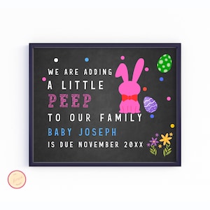 Estamos agregando un pequeño adelanto a nuestra familia Plantilla de anuncio de embarazo, anuncio de pizarra, póster de bebé de primavera, revelación de embarazo