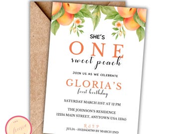 Editable Peach Birthday Invitation - 1st Birthday Printable Digital Download - First Birthday - One Sweet Peach First Birthday Invite - AM09