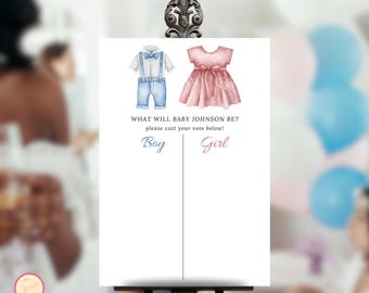 May include: A gender reveal party sign with a watercolor illustration of a baby boy and girl outfit. The sign asks "What will baby Johnson be?" and has a space for guests to vote for boy or girl.
