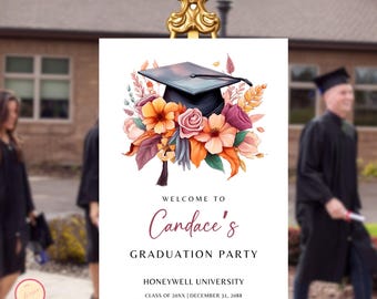 Graduation Party Welcome Poster Template, Grad Party Celebration, Floral Welcome Sign, Graduation Hat, Editable Graduation Welcome Sign