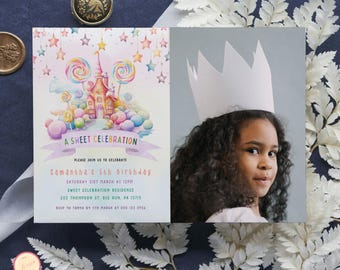 A Sweet Celebration Birthday Invitation, Editable Sweet Birthday Invitation, Girl Birthday Invite, Candy Party Invite with Photo, 76QCJ