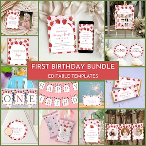 Berry First Birthday Invitation Bundle, Strawberry 1st Birthday Invitation Template, First Birthday Girl Party, Berry Birthday Decor, JMW30