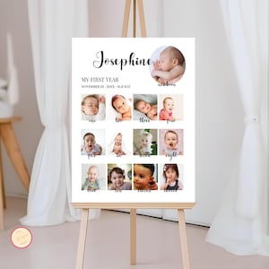 1st Birthday Milestone Photo Poster, Minimalist My First Year Photo Board, Boy or Girl 1st Birthday Party, Editable Template