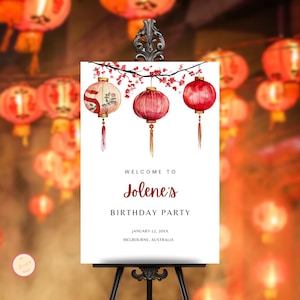 Panneau de bienvenue modifiable pour la fête d'anniversaire du Nouvel An chinois, affiche de célébration du Nouvel An lunaire et décoration pour tous les âges