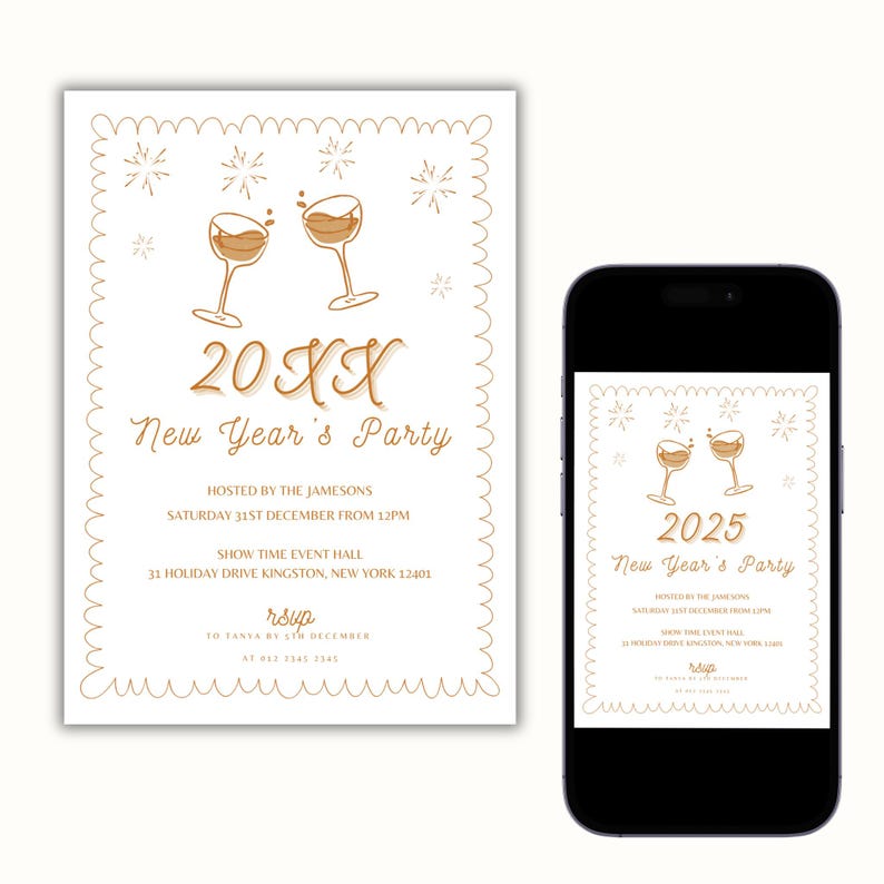 Puede incluir: Una invitaci&oacute;n blanca con texto dorado e ilustraciones para una fiesta de Nochevieja. La invitaci&oacute;n presenta dos copas de champ&aacute;n con un contorno dorado y un dise&ntilde;o de estrellas doradas. El texto dice "20XX Fiesta de A&ntilde;o Nuevo" e incluye detalles sobre el evento, incluida la fecha, la hora, la ubicaci&oacute;n y la informaci&oacute;n de RSVP.