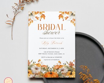 Fall Bridal Shower Invitation, Autumn Orange Pumpkin Bridal Shower Template, Autumn Leaves, Elegant Boho, Floral Bridal Shower, SEMQ9
