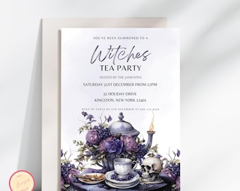 Invitación para fiesta de té de brujas - Despedida de soltera de Halloween (Plantilla editable)