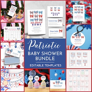 May include: Patriotic baby shower printable bundle featuring red, white and blue bows, stars, and the text "Red, White & Bows" and "Lily & Patrick". The bundle includes a welcome sign, thank you tags, cupcake toppers, a diaper raffle card, and more.