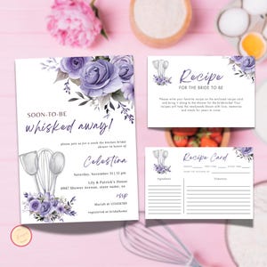 Soon to be Whisked Away Bridal Shower Invitation Bundle, Recipe Card, Purple Floral Invite, Stock the Kitchen Bridal Shower Theme, Editable