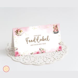 Bearbeitbare Teeparty-Lebensmitteletikettenvorlage, rosa und goldener Par-Tee, Lebensmittelzelt druckbare Dekoration für Babyparty, Geburtstage, Brautparty