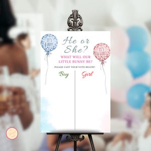 Boho Gender Reveal Voting Sign, Guess The Gender Template, He Or She Game, Boy Or Girl, Pink/Blue Balloons, Minimalist Brunch Party