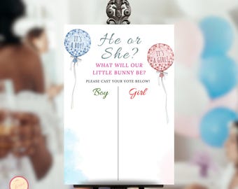 Boho Gender Reveal Voting Sign, Guess The Gender Template, He Or She Game, Boy Or Girl, Pink/Blue Balloons, Minimalist Brunch Party