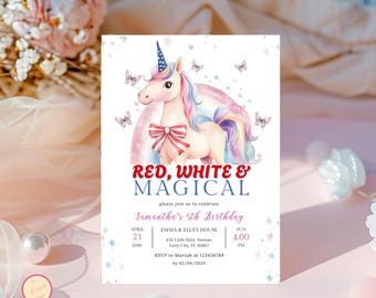4th of July Birthday Invitation, Magical Unicorn, Editable Patriotic Birthday Invitation Template, Red, White & Blue, All American, Any Age
