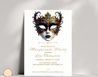 Editable Masquerade Party Invitation Template, Gold Masquerade,  Gold and Black Adult Birthday, Masquerade Invitation for all Ages