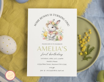 Bunny First Birthday Invitation – Editable Easter Theme (Digital Download)