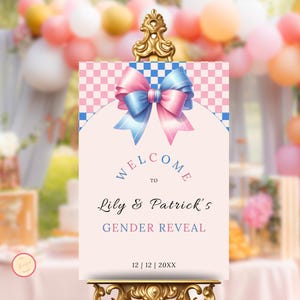 Gender Reveal Welcome Sign, Guess The Gender Template, He Or She Game, Boy Or Girl, Blue/Pink Bow, Minimalist Brunch Party