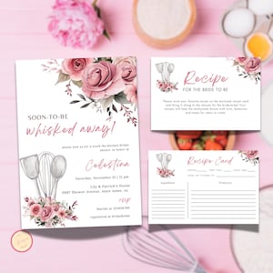Soon to be Whisked Away Bridal Shower Invitation Bundle, Recipe Card, Pink Floral Invite, Stock the Kitchen Bridal Shower Theme, Editable