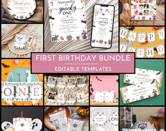 Editable Spooky One Birthday Bundle, Girls/Boys 1st Halloween Birthday Invite, Cute Ghost Printable First Birthday Party Decoration, IUI57