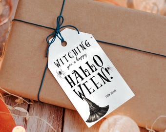 Witching You A Happy Halloween Tag - Editable Modern Party Favor Label - Gothic, Witch Hat, Trick Or Treat Favor Bag Tag for Kids and Adults