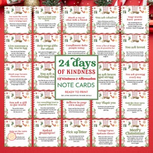 May include: A set of 24 Elf Kindness & Affirmation Note Cards, ready to print. Each card features a festive design with a message of kindness. The cards are decorated with Christmas-themed illustrations and text.