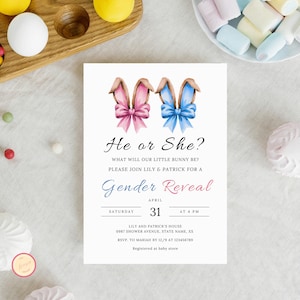 Gender Reveal Einladungsvorlage, Hasenohren, Er oder Sie Baby, Einladungsparty Frühling/Ostern, Raten Sie die Gender Party, digitaler Download