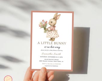 Editable Girl Rabbit Baby Shower Invitation, A Little Bunny is on Her Way, Floral Rabbit Baby Shower Invite, Girl Bunny Baby Shower Invite