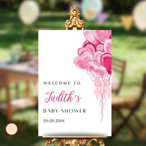 Valentine&#39;s Day Baby Shower Welcome Sign, Pink Heart Valentine Baby Shower Decor, Pink Bow Baby Girl Shower Poster, Heart Throb Template