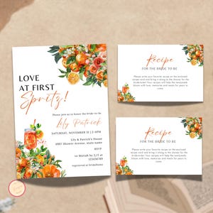Plantilla de set para despedida de soltera "Amor a Primera Vista", Aperol Spritz, invitación nupcial editable con cítricos y tarjeta de receta, flores brillantes, D3QST