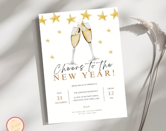 New Years Eve Invitation, Editable Gold Cheers to the New Year Invite - New Year's Phone Evite - Printable NYE Invitation - J8