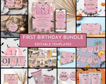 Halloween Pink Ghost 1st Birthday Invitation Bundle, Hey Boo Ghost Party, Spooktacular Halloween Party Invitation, Party Decor Kit, IUI57