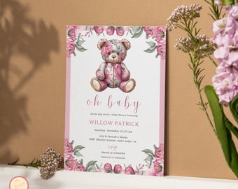 May include: Pink floral baby shower invitation with a teddy bear wearing a floral print outfit. The invitation says "oh baby" and includes the name "Willow Patrick" and details for the shower.