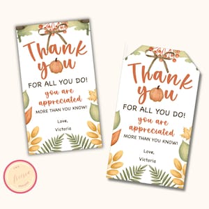 Étiquettes de remerciement d'automne - étiquettes d'appréciation d'automne pour le personnel, cadeau d'enseignant, cadeau d'équipe d'employés, étiquette de Thanksgiving - modifiable - PL04