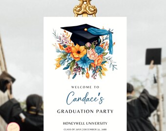Graduation Party Welcome Poster Template, Grad Party Celebration, Floral Hat Welcome Sign, Graduation Hat, Editable Graduation Welcome Sign