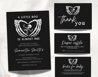 Editable A Little Boo Baby Shower Bundle, Black Halloween Baby Shower Invite Book Request, Diaper Raffle, Gothic Skeleton Set, 2HCD3
