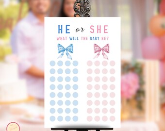 Gender Reveal Voting Sign, Guess The Gender, He Or She Game, Boy Or Girl, Pink, Blue Baby Bow, Minimalist Brunch Party, What will Baby Be?