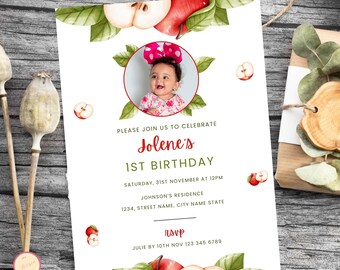 Apple Erster Geburtstag Einladungsvorlage - Druckbare Apple Themed Invite - Der Apfel unseres Auges Erster Geburtstag - Bearbeitbarer Foto Geburtstag
