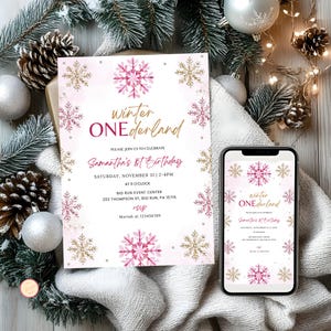 Winter ONEderland Birthday Party Invitation, Girl Blue Snowflake 1st Birthday, First ONEderland Party, Holiday Birthday Bundle, Z6HVG