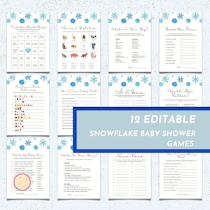A Little Snowflake is on the Way Baby Shower Game Bundle, 12 Editable Blue Christmas Baby Shower, Boy Shower, Winter Wonderland Baby Shower
