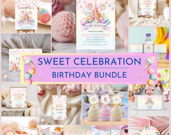 Sweet Birthday Bundle, Girl Birthday Invite, Candy Welcome Custom Sign, Candy label, Party Decor, Invitation, A Sweet Celebration, 76QCJ
