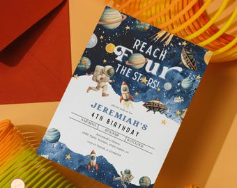 Faire-part de fête d'anniversaire Reach for the stars, faire-part espace extra-atmosphérique bleu modifiable, faire-part 4e anniversaire espace garçons, anniversaire d'astronaute
