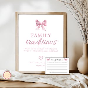 Family Traditions Sign and Card Template, Pink Bow, Minimalist Baby Shower Party Sign, Girl Baby Sprinkle Card, Printable & Instant Download