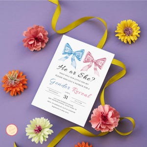 Gender Reveal Einladungsvorlage, Er oder Sie, bearbeitbare Schleife einladen, Errate die Gender Party, Blau & Pink, digitaler Download Mädchen / Junge