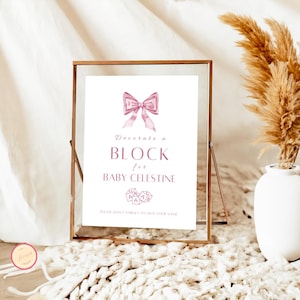 Dekorieren Sie ein Block-Schild, rosa Schleife, Baby-Block-Dekorier-Spiel, Minimalistische Baby-Dusche-Party-Schild-Vorlage, printable und Sofort-Download