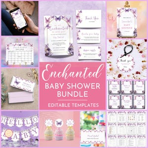 We are Enchanted to Meet You Baby Shower Bundle, Editable Purple Butterfly Theme, We&#39;re Enchanted to Meet You Butterfly Baby Shower Evite,