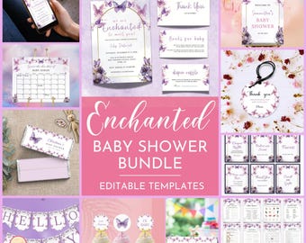 We are Enchanted to Meet You Baby Shower-bundel, bewerkbaar thema paarse vlinder, We're Enchanted to Meet You Butterfly Baby Shower Evite,
