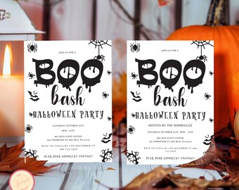 May include: Two black and white Halloween party invitations with the text "Boo Bash" and spooky graphics. The invitations are for a party on October 31st at 8pm. The event is hosted by the Rodriguez family and will be held at the Big Run Event Center. Guests are encouraged to wear their spookiest costumes.