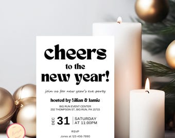Minimalist New Year's Eve Party Invitation Template, Black and White Cheers to the New Year Phone Evite - Printable 2026 NYE Invitation - J8