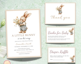 Editable Boy Rabbit Baby Shower Invitation Bundle, A Little Bunny is on His Way, Floral Baby Shower Invite, Boy Bunny Baby Shower Invite