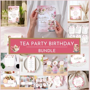 Puede incluir: Un conjunto de fiesta de cumpleaños de té con varios artículos de papelería. Los artículos incluyen invitaciones, tarjetas de menú, adornos para cupcakes y etiquetas de agradecimiento. El diseño presenta ilustraciones florales y de tazas de té con el texto "par tea time!" y "Charlotte's 10th Birthday Party".